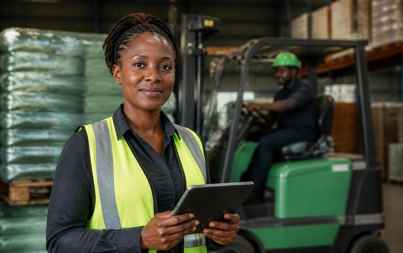 Superviseure logistique et cariste sur une plateforme à Abidjan